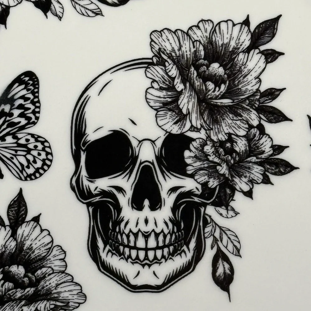 Zrike Brands Skull Flowers Butterfly Black White 10.5